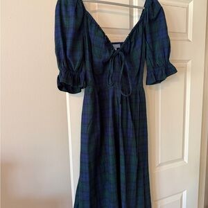 Hill House Navy & Green Tartan Puff-Sleeve Midi Dress
